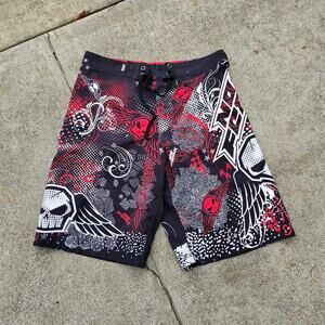 Vtg Y2k NO FEAR Skull Logo All Over Print Cyber Grunge Skate Boardshorts 32" Fit